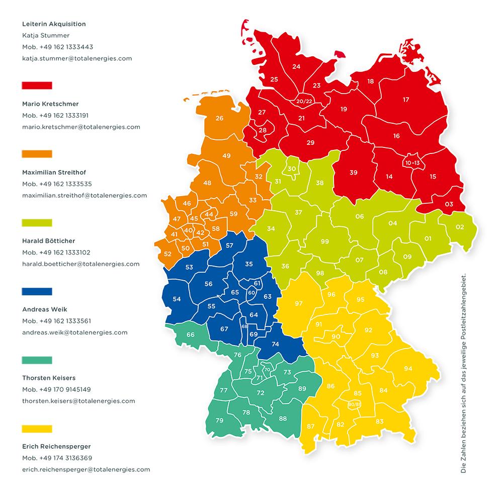 Netzentwicklung Deutschlandkarte mit Ansprechpartnern und Postleitzahlen
